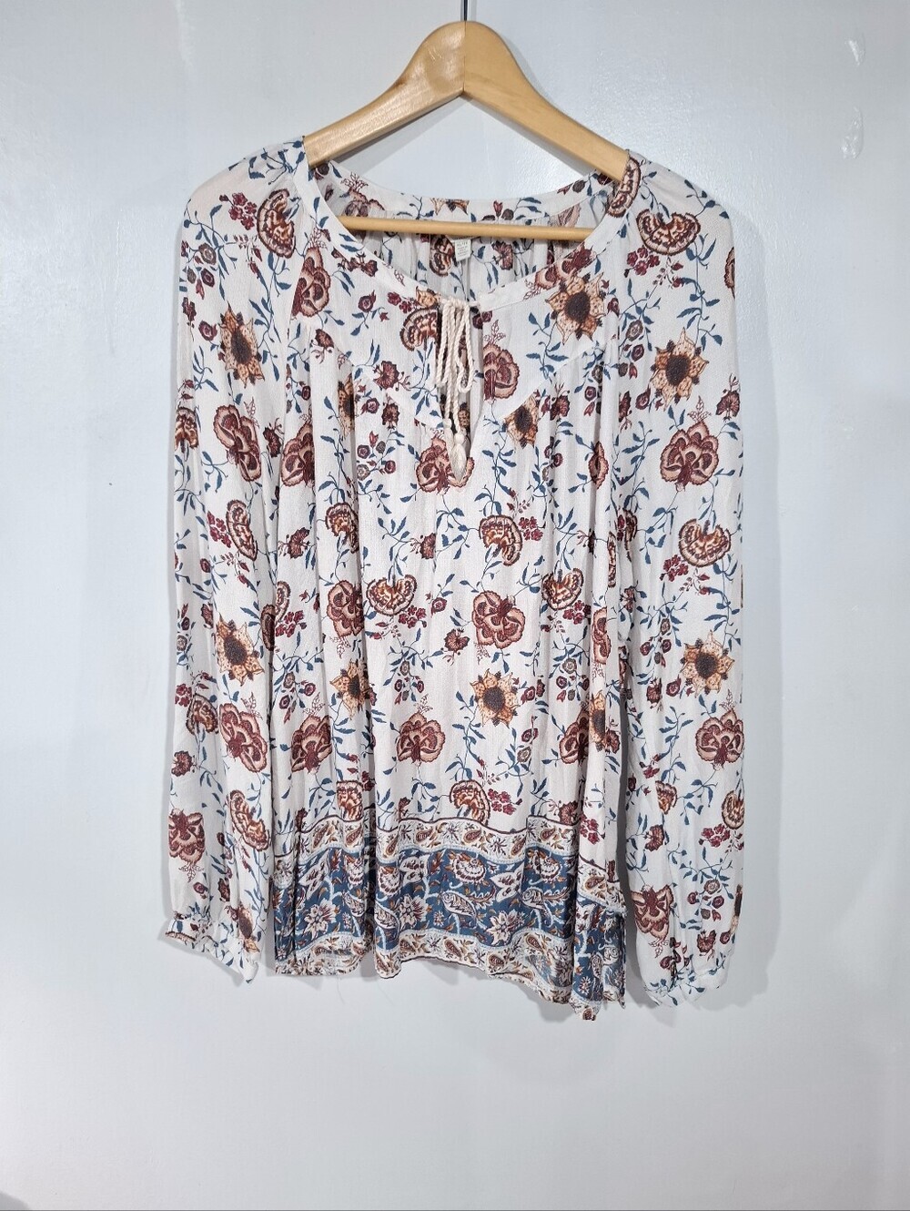 Lucky Brand Womens XL Cream Rust Peasant Boho Top Tassel Tie Paisley Floral - Picture 2 of 10